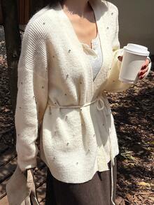 DAZY 宽松休闲商务针织开衫，带水钻亮片，抽绳腰带，适合居家、通勤、郊游、新年、圣诞节、秋冬 - 米色 - 查看 3