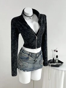 Elamini 1pc Women's Black Sweatshirt, Skin-Friendly Cotton Fabric, Stand Collar, Double-Zipper, Slim Fit Long Sleeve, Casual & Minimalist, Spring/Autumn - Black - View 6