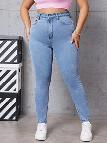 SHEIN EZwear Plus Size Casual Slim-Fit Washed Denim Pants - Medium Wash - View 5
