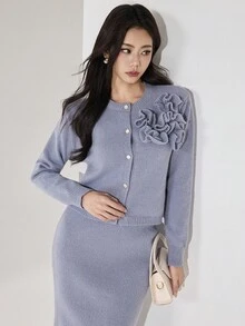 Modelyn 女士优雅纯色开衫和针织裙两件套，秋冬 - 霧霾藍 - 查看 1