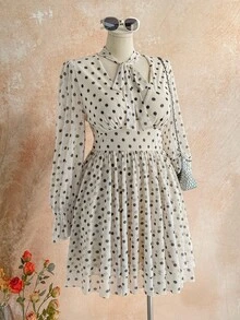 Dreamara Plus Size Women's White Polka Dot Mesh Print V-Neck Flare Sleeve A-Line Dress, Suitable For Autumn/Winter - Black and White - View 7