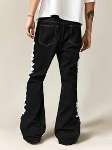 ROMWE MEN Men's Casual Avant Street Style Drawstring Layered Flare Leg Jeans - Black - View 3
