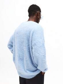 SUMWON 毛绒泰迪针织毛衣奢华毛绒纹理套头衫圆领冬季舒适休闲针织衫柔软毛茸茸套头衫家居服 - 藍色 - 查看 2