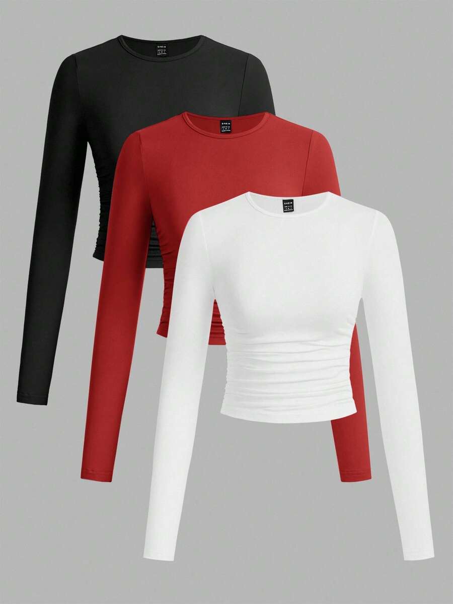 SHEIN EZwear 3pcs/Set Women's Casual Solid Color Crew Neck Ruched Long Sleeve T-Shirts, Autumn/Winter - Multicolor - View 1