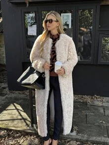 Elyressa 女式长款宽松仿皮草大衣 - 杏色 - 查看 3