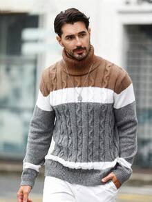 Manfinity Mode 男士撞色扭纹针织高领长袖休闲毛衣，秋冬 - 彩色 - 查看 3