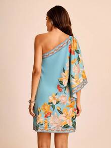 不对称领口花卉印花休闲度假连衣裙 - 彩色 - 查看 2