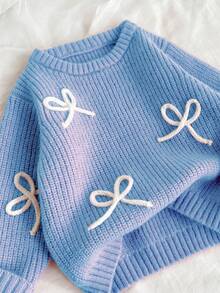 SHEIN Vintaside Kids 时尚百搭可爱蝴蝶结针织套头毛衣，适合年轻女孩，秋冬季穿着