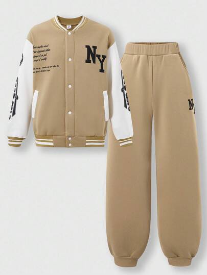 SHEIN Explorewe Tween Boy Slogan Print Contrast Color Long Sleeve Baseball Collar Jacket And Cuffed Pants Casual Outfit, Autumn