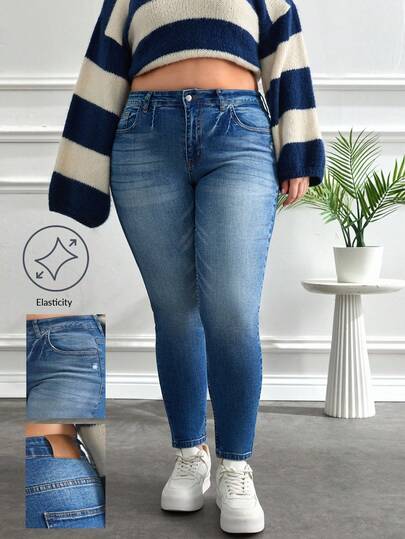 EURMUSE HIGH RISE SKINNY CUT ROLL UP HEM PLUS SIZE BLUE JEAN Skinny Jeans Plus Size Curvy Jeans Curve Jeans