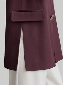 Ontre 2025 新款春夏休闲宽松女式马甲外套，都市休闲风格卡其色侧开衩无袖西装马甲，金属纽扣装饰，商务休闲女式办公室装，低调复古风，高品质都市通勤机场女装，优质面料秋冬女装 - 酒紅色 - 查看 9