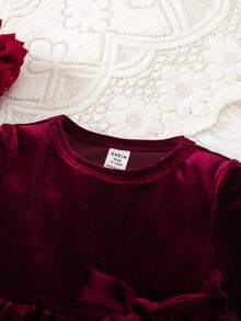Babygirl Burgundy Cute & Elegant Velvet Knit Ruffle Hem Dress - Red - View 3