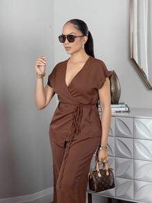 Melissa Matos 女士优雅裹身蝙蝠袖衬衫和宽松阔腿裤两件套，杏色编织，适合夏季外出、约会、度假 - 咖啡棕 - 查看 4