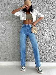 SHEIN Cottnline Women's Casual Versatile Washed Straight-Leg Jeans - Blue - View 4