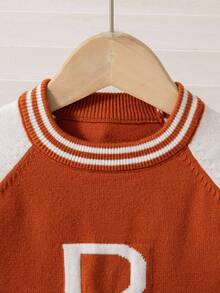 SHEIN 3pcs Baby Boy Stylish & Cute Outfit Set, Including Orange Baseball Style Sweater, Matching Pants, And Adorable Knit Hat, Perfect For Outings And Family Gatherings In Spring, Autumn And Winter - Rust Brown - View 3