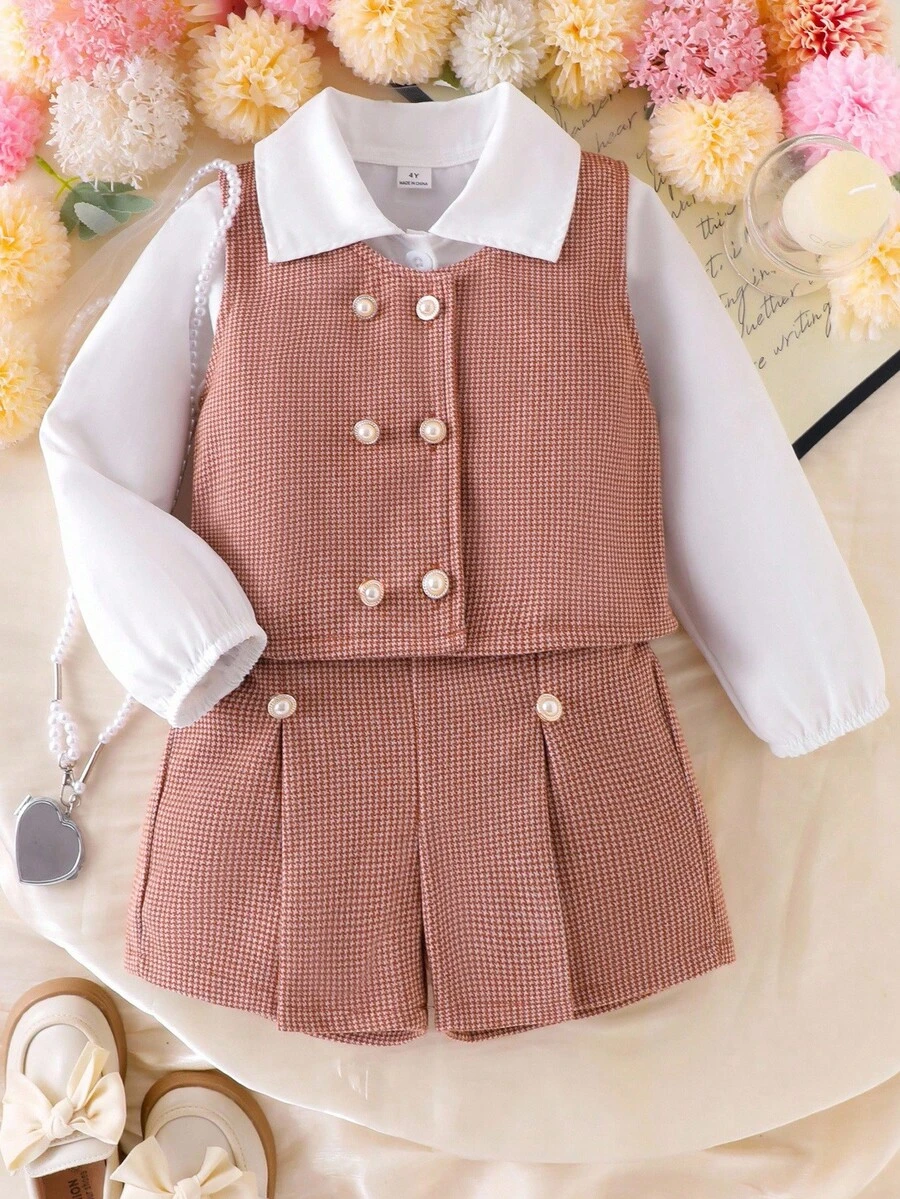 SHEIN 3件套女童长袖翻领休闲衬衫、精致珍珠纽扣背心外套、短裤套装,现代风格儿童服装,春秋冬装 - 咖啡棕 - 查看 1