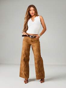 MISSGUIDED Western Embroidered Wide Leg Trousers Desert Boho Festival High Rise Palazzo Pants Hippie Style Fall Winter Suede Statement Bottoms - Khaki - View 5