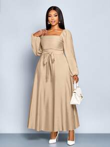 SOLERSUN Vestito casual ed elegante da donna taglie forti, con scollo quadrato, maniche lunghe, arricciatura frontale e balza in vita, adatto per l'autunno e l'inverno. Nuovo vestito da donna per primavera/estate, in tessuto a trama intrecciata, con spalline, adatto per appuntamenti, shopping e uso quotidiano.