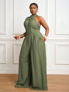 Veslaya 2025秋冬新款休闲度假日常约会通勤优雅沙滩邮轮派对简约网红爆款高领无袖一字肩宽松连体裤阔腿裤 - 綠色 - 查看 10