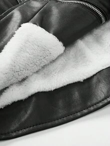 SHEIN PETITE CURVE 加大码修身 PU 夹克，带拉链和保暖内衬，黑色 PU 皮革高领法兰绒夹克，PU 皮革休闲街头长袖女式秋冬常规夹克，皮革羊毛夹克 - 黑色 - 查看 8