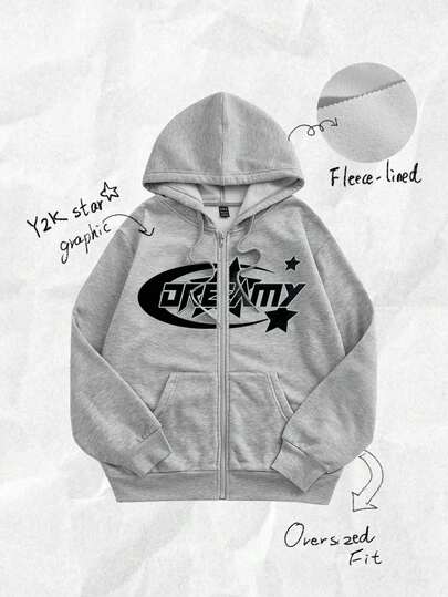 Coolane 大码休闲字母星形图案连帽拉链长袖宽松加厚卫衣，女款，秋冬保暖内衬卫衣，灰色拉链卫衣，印花卫衣