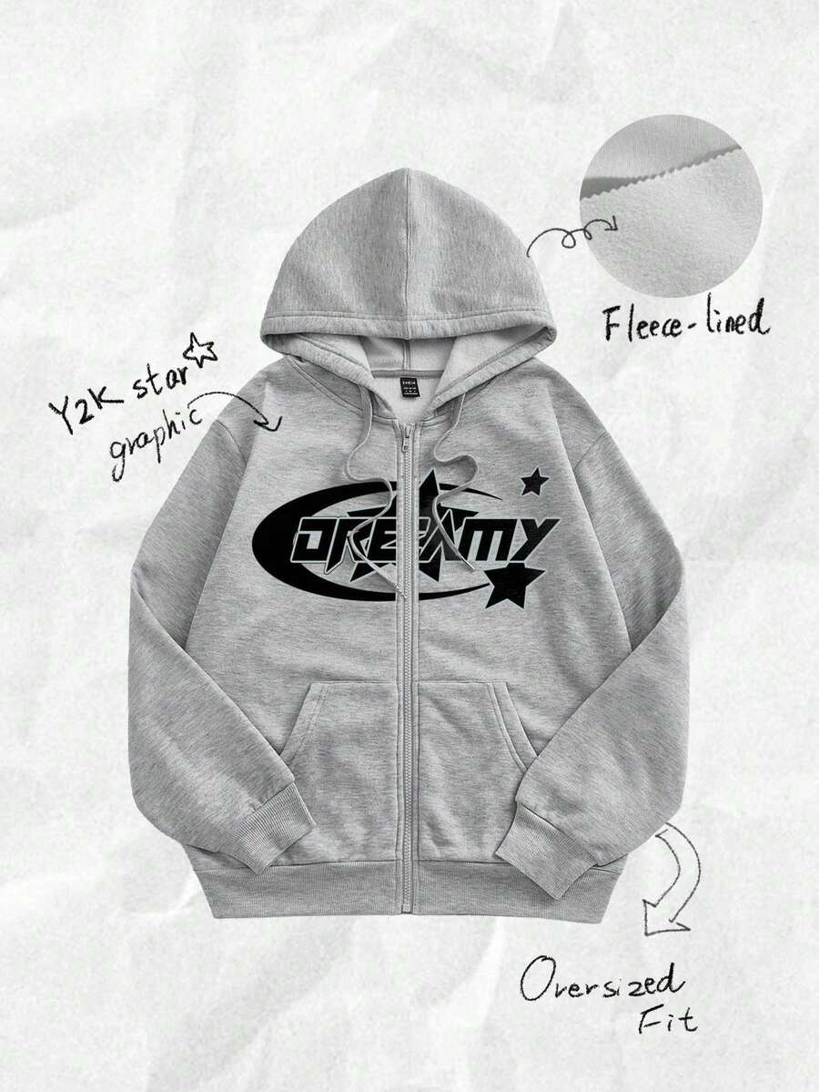 Coolane Plus Size Casual Letter & Star Pattern Hooded Zip-Up Long Sleeve Loose Fit Thick Sweatshirt For Women, Fall/Winter Thermal Lined Sweatshirt Zip Up Sweatshirts Grey Sweatshirt Sweatshirts Graphic Graphic Sweatshirts - Grey - View 1