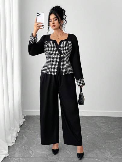Elenzga Elegant Commuter Chic Patchwork Long Sleeve & Pants Plus Size Women Suit