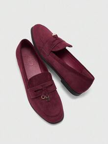 CUCCOO BIZCHIC 女士时尚休闲通勤平底乐福鞋，金色锁扣设计 - 酒紅色 - 查看 9