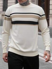Manfinity Homme 男士条纹印花圆领休闲百搭长袖套头毛衣，秋冬款 - 杏色 - 查看 3