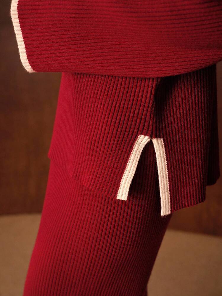 AUTUMN/WINTER CHIC WOMEN 2 PIECES SET: CONTRAST TRIM LOOSE TURTLENECK SWEATER & STRAIGHT LEG KNIT PANTS, CHRISTMAS, RED, NEW YEAR OUTFIT