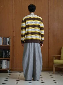 TOKVUE 男士休闲通勤条纹宽松阔腿裤，秋季 - 卡其色 - 查看 2