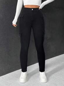 SHEIN ICON Flap Pocket Side Stripe Skinny Jeans, Fall Women Clothes - Black - View 6