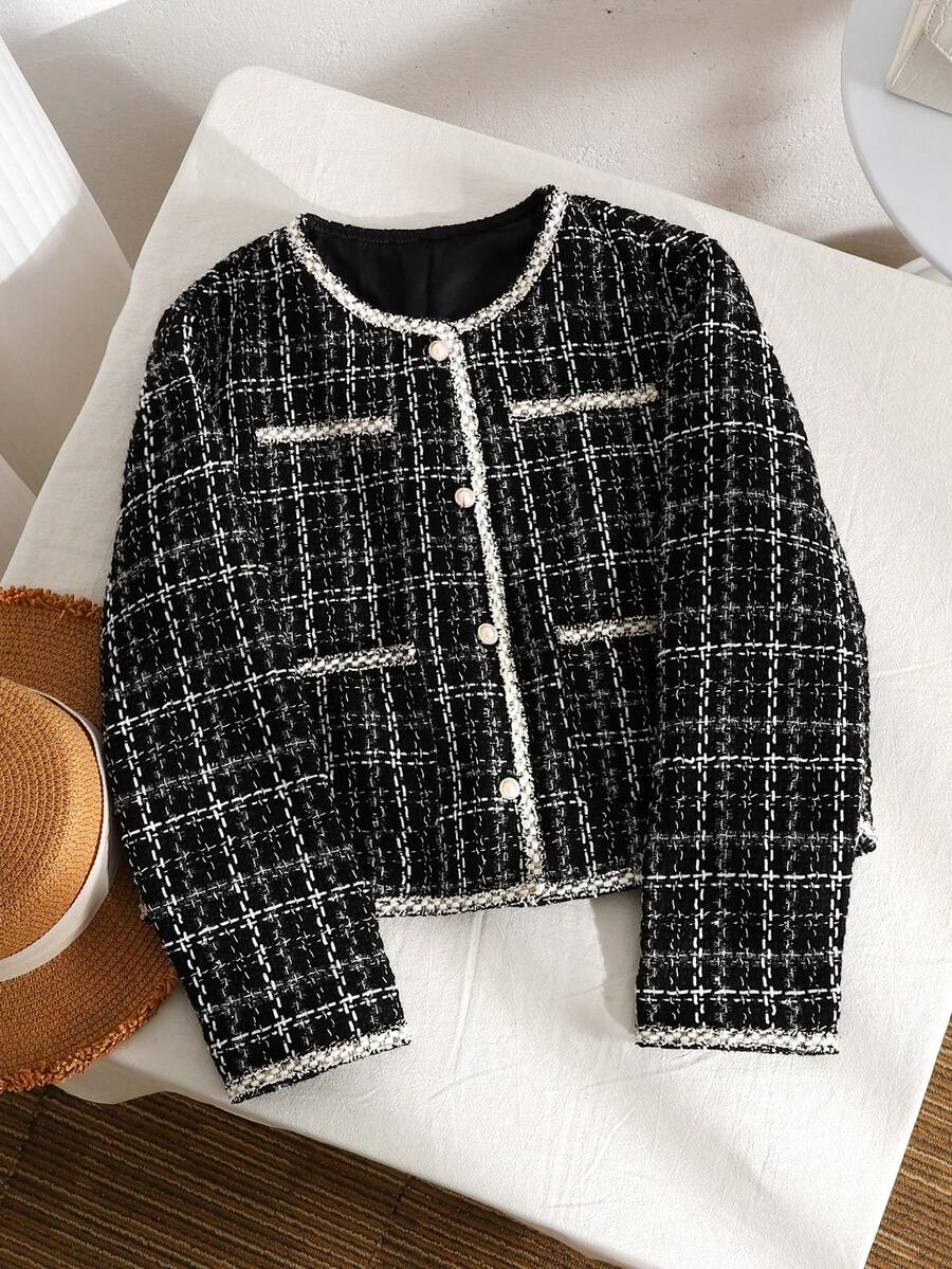 SHEIN Teen Girl Elegant Round Neck Long Sleeve Commuter Wool Blend Coat Autumn Winter Clothes For Girl