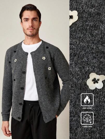 Manfinity CityGents 男士休闲 3D 花卉装饰开衫，秋冬