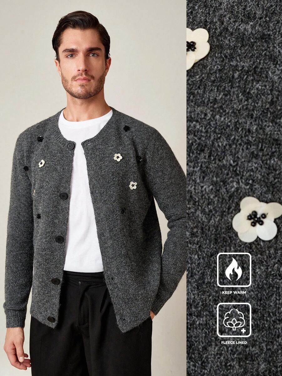 Manfinity CityGents 男士休闲 3D 花卉装饰开衫，秋冬