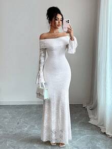 Rafferiza 优雅时尚年轻简约百搭修身露肩喇叭袖美人鱼中长连衣裙，适合秋季女士 - 白色 - 查看 6