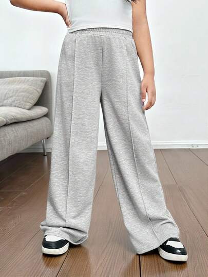 SHEIN 年轻女孩街头风针织纯色宽松直筒休闲裤，阔腿运动裤，宽松舒适运动裤，街头风针织纯色宽松直筒休闲裤，Y2K日常穿搭，校园风，休闲可爱风，姐妹装，母女装，万圣节秋冬运动裤