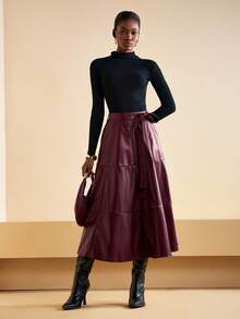 Zivah 2025 秋冬新品，音乐节，毕业季，学院风，学生装，日常休闲，度假，海滩，街头风，通勤优雅，腰带口袋PU皮裙，酒红色 - 酒紅色 - 查看 5