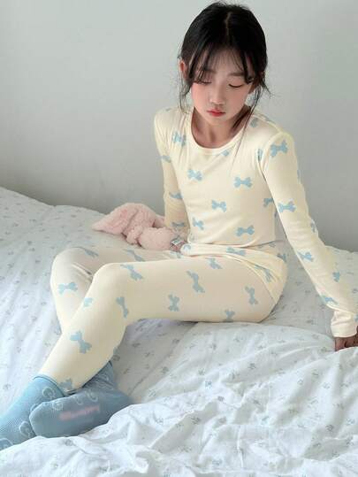 DAZY 2 件套 Tween 女童蝴蝶结印花针织保暖内衣套装，秋季