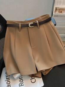 Franclia Casual Commuter Fashion Versatile Mid-High Waist With Belt Summer New Solid Color Women Shorts - Brown - View 3