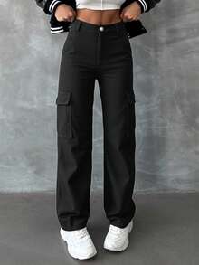 RueChic 100%Cotton Solid Flap Pocket Cargo Jeans - Black - View 1