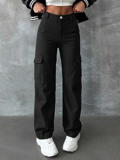 RueChic 100%Cotton Solid Flap Pocket Cargo Jeans