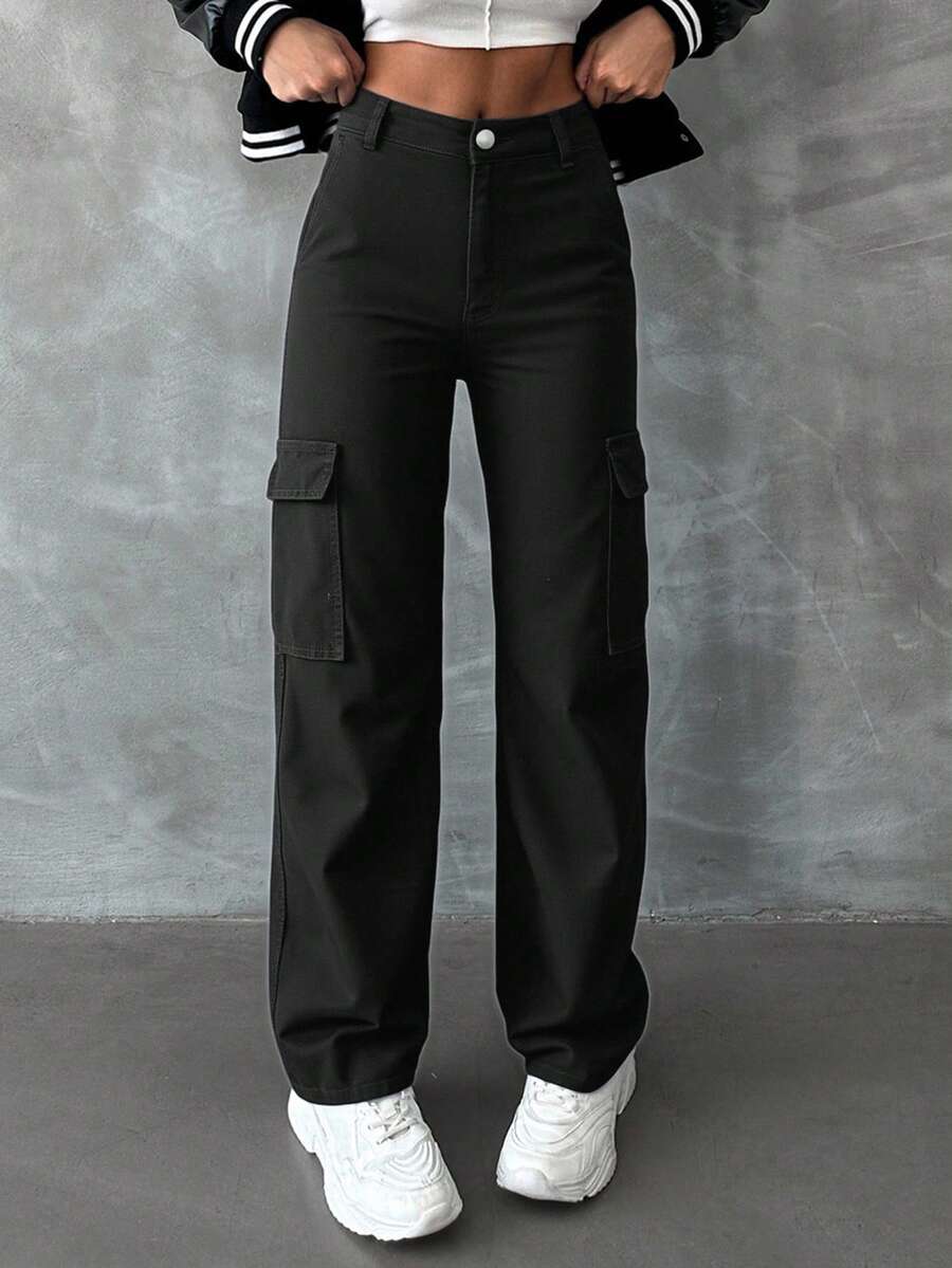 RueChic 100%Cotton Solid Flap Pocket Cargo Jeans - Black - View 1