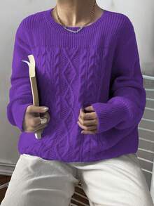 EMERY ROSE Plus Size Women Cable Pattern Crew Neck Long Sleeve Casual Pullover Sweater, Autumn/Winter - Purple - View 3