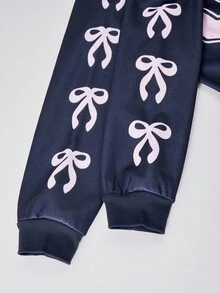 2 件套青少年女孩休闲蝴蝶结连帽拉链夹克和阔腿裤保暖内衬套装，秋冬 - 寶藍色 - 查看 7