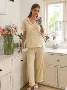 Snug Zone Plaid Printed Pajama Set Women Short Sleeves Top And Elastic Waist Pants, Lounge Set - Yellow - View 6