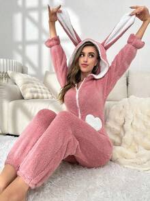 Heart Pattern 3D Ear Design Hooded Flannel Cozy Sleep Jumpsuit, For Fall Winter, Fluffy - Pink - View 3