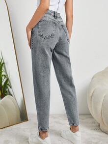 SHEIN Tall 妈妈装高腰浅蓝色牛仔裤 - 灰色 - 查看 2