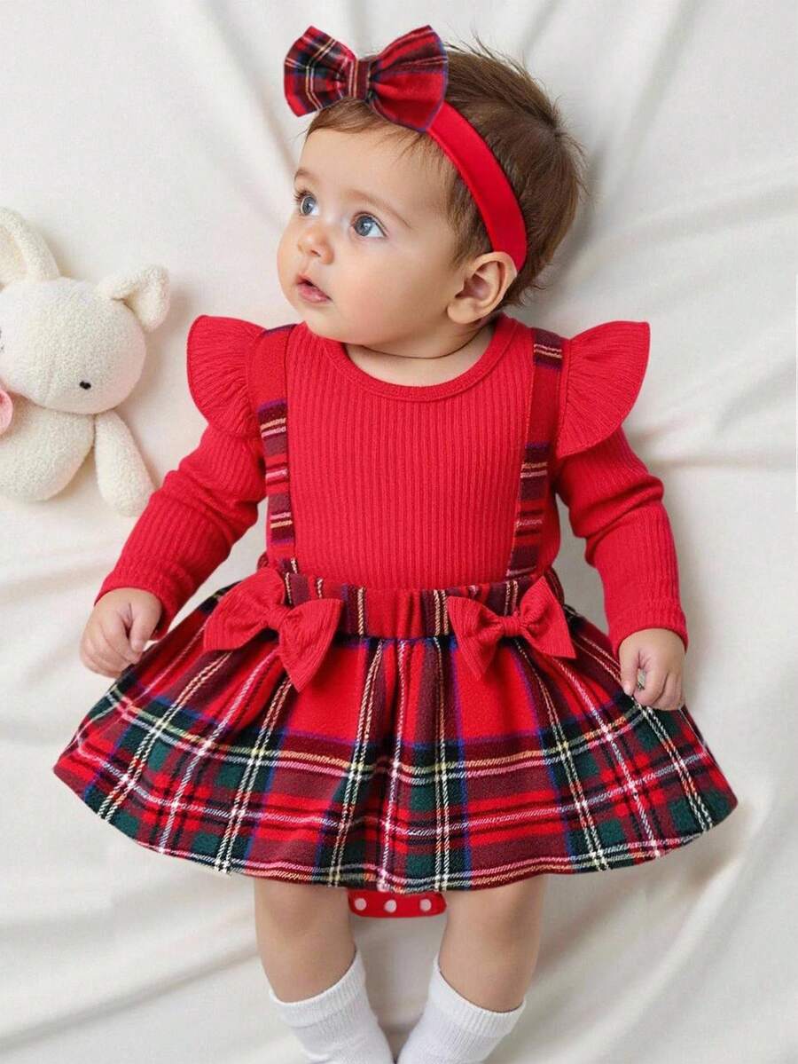 Souflis Souflis Baby Girl Round Neck Long Sleeve Plaid Ruffle Hem Cute Dress - Red - View 1