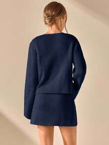 CLARA VERO WOMEN CLASSIC KNIT 2-BUTTON BLAZER & SKIRT CO-ORD - Navy Blue - View 3